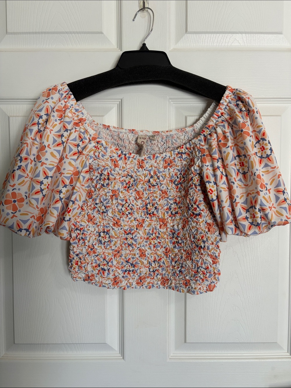 dolan Smocked Off-Shoulder Crop Top - White, Orange, Blue